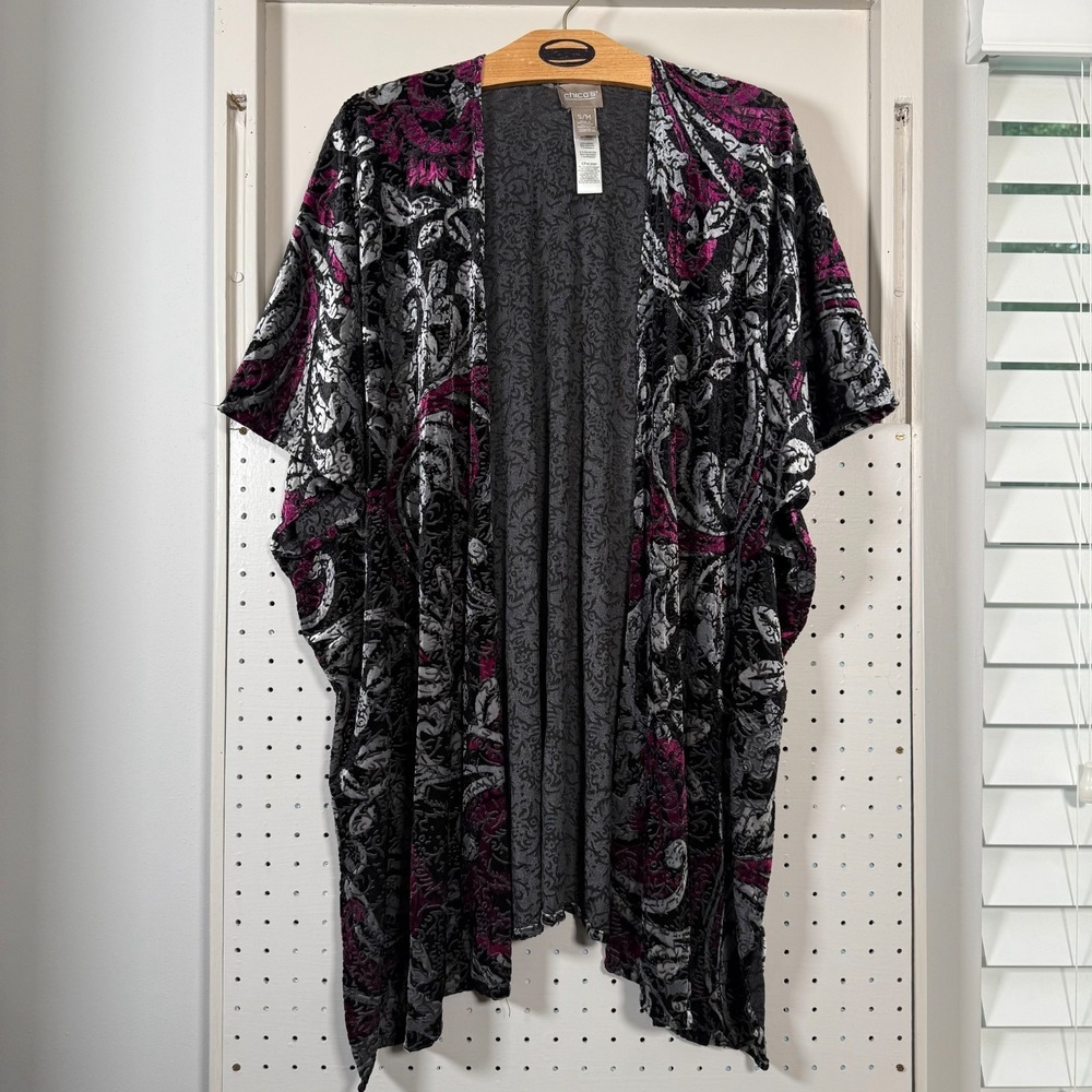 Chico's Velvet Burnout Tunic Kimono Jacket Floral Paisley Oversized Boho -‎ S/M